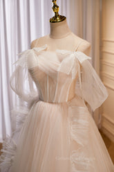 Bridesmaids Dresses On Sale, Champagne Off-the-Shoulder Beaded Bows Ruffle Long Prom Dress